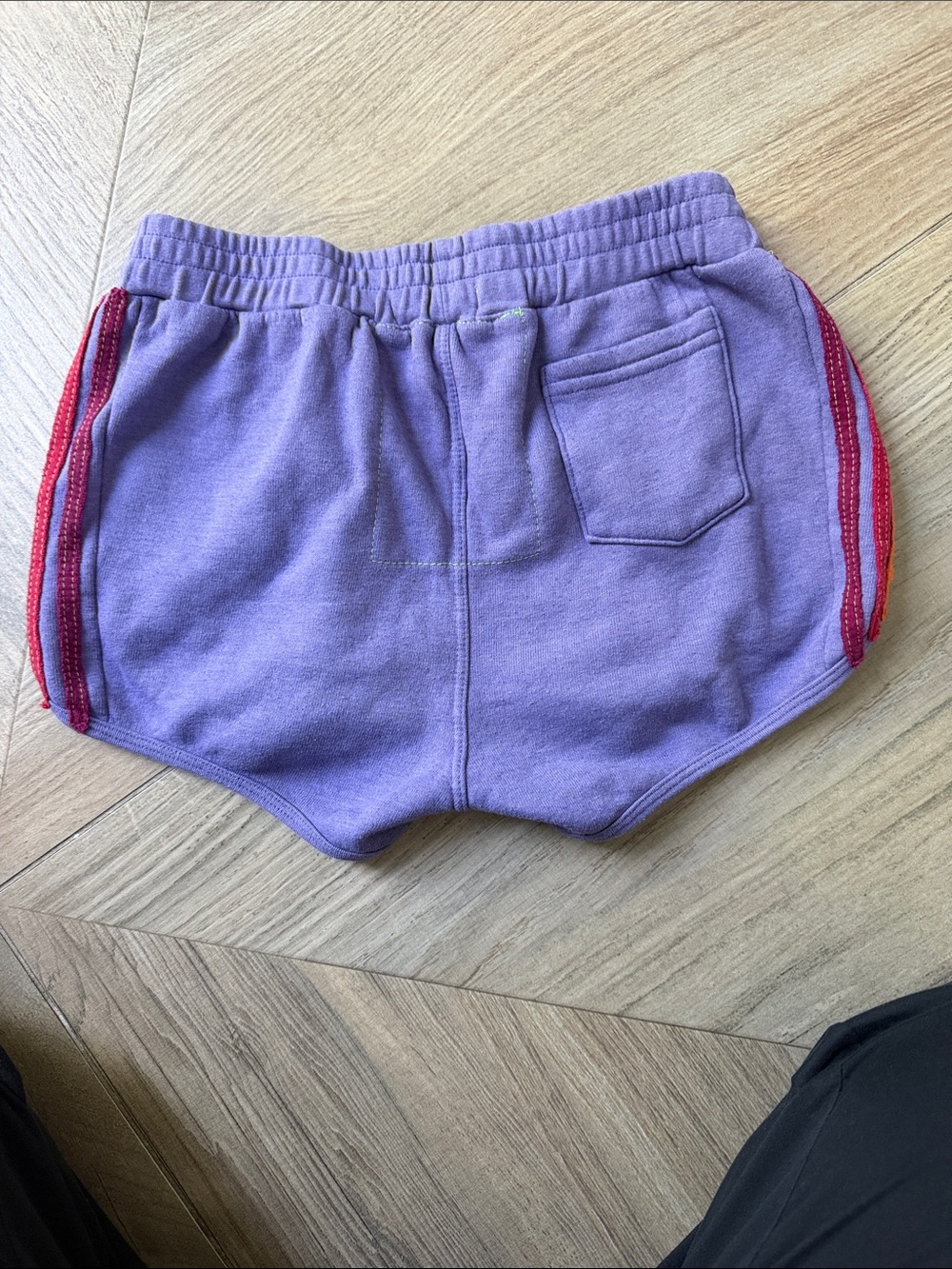 woman Purple Athletic Shorts with Rainbow Side Stripes - Picture 2 of 3